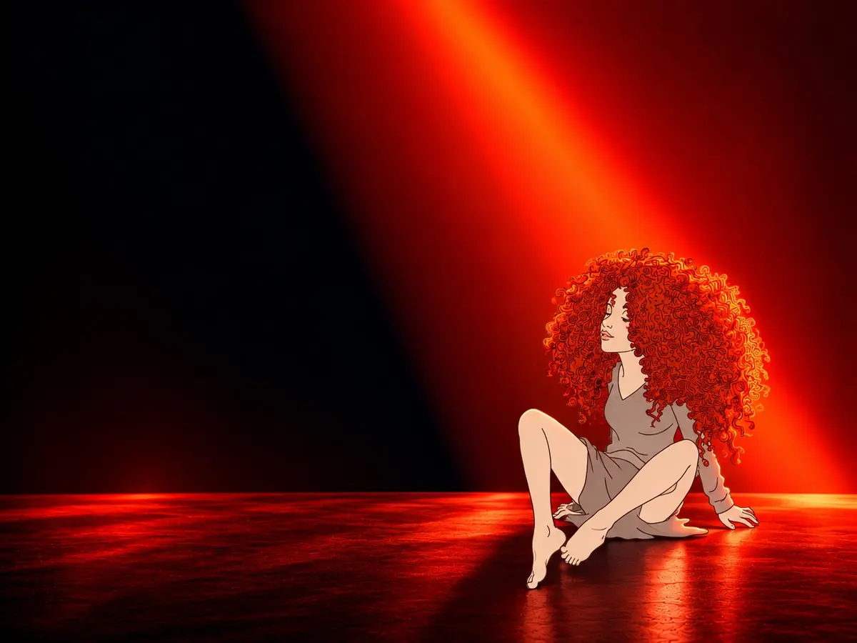 Illustration of a woman with curly red hair sitting barefoot in a red spotlight