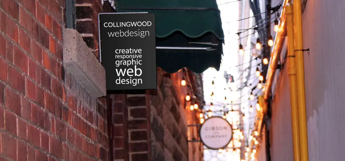 Collingwood Web Design sign in the alley off Hurontario Street, just before the Gibson & Company sign