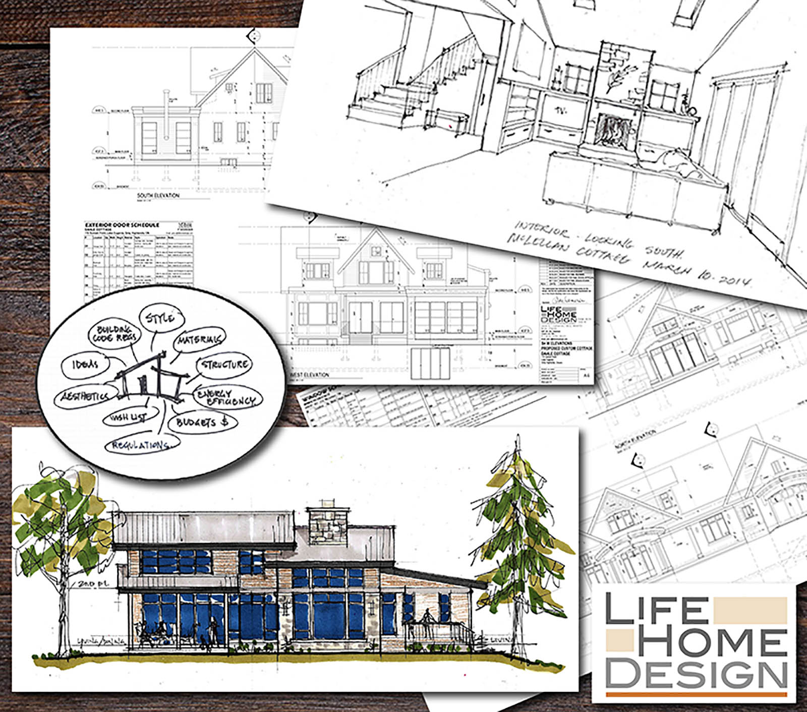 Architectural sketches, floor plans, and a custom home elevation