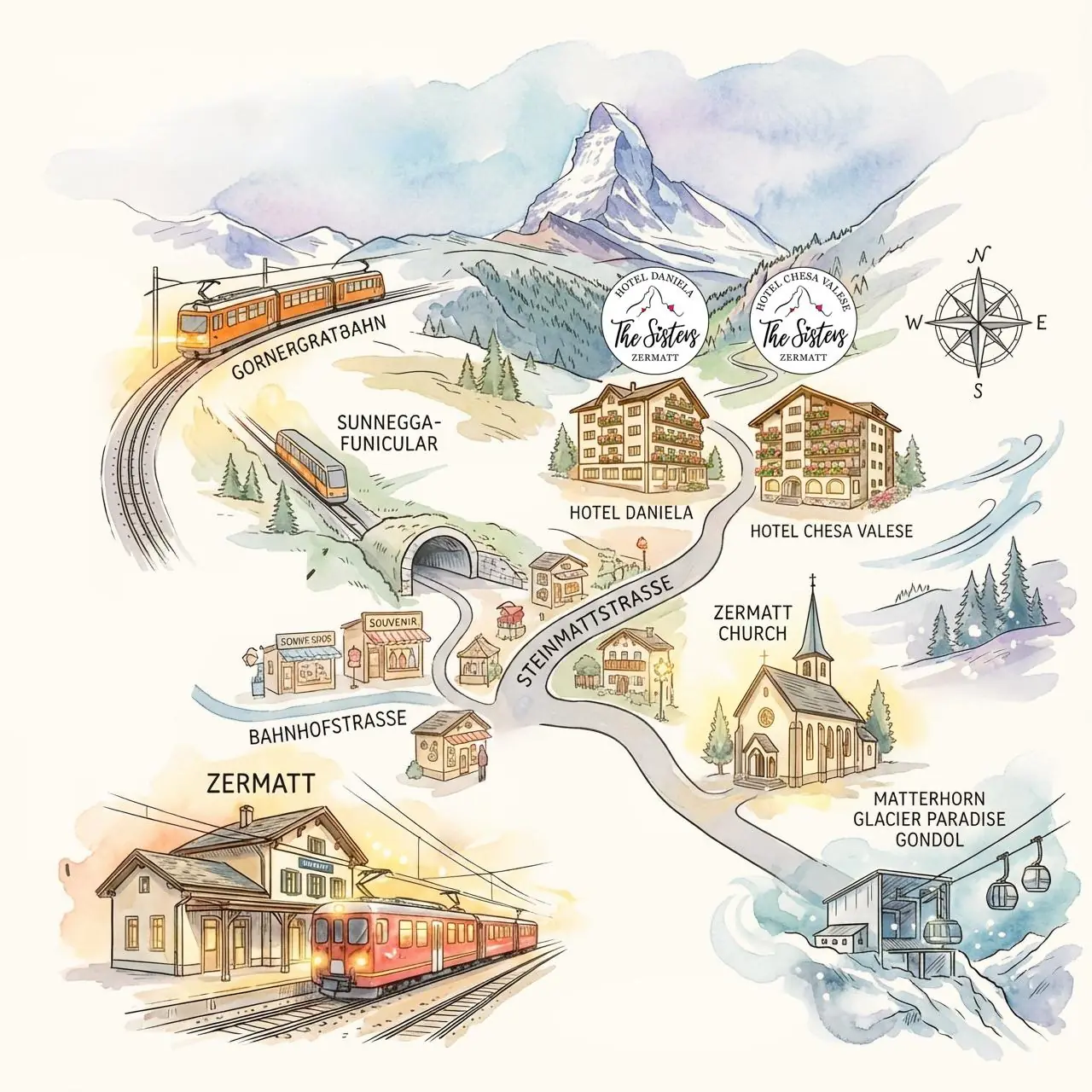 Illustrated map of Zermatt showing Hotel Chesa Valese and Hotel Daniela