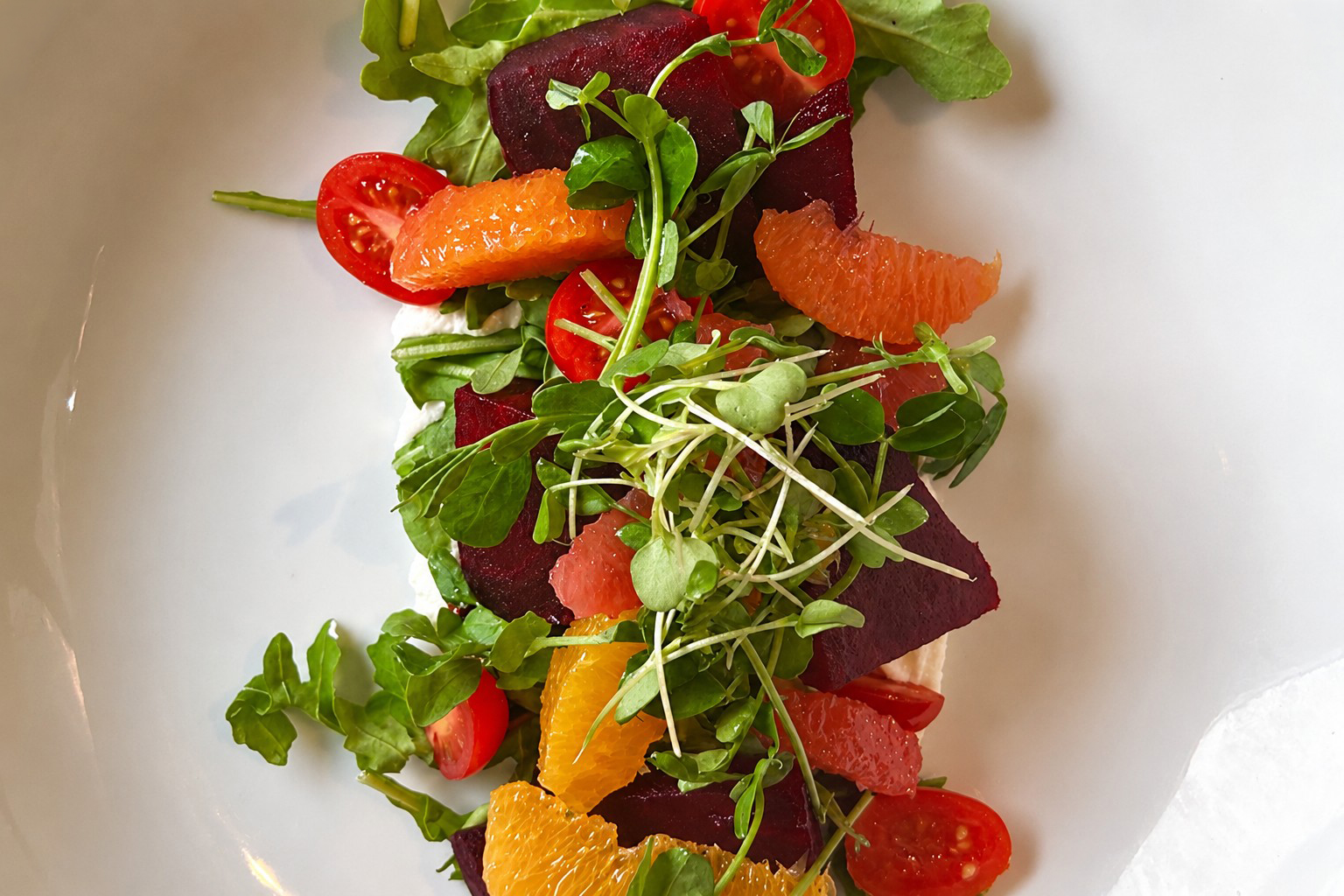 Beet, citrus, and microgreen salad at The Curly Willow Eatery in Collingwood