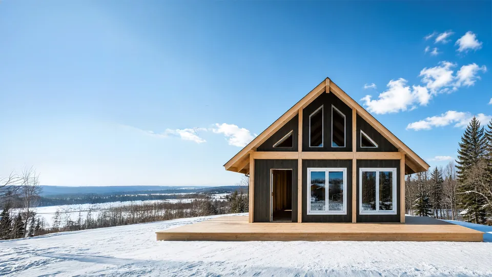 Modern timber home in a winter landscape in South Georgian Bay, Ontario