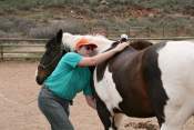 A person standing between two horses
