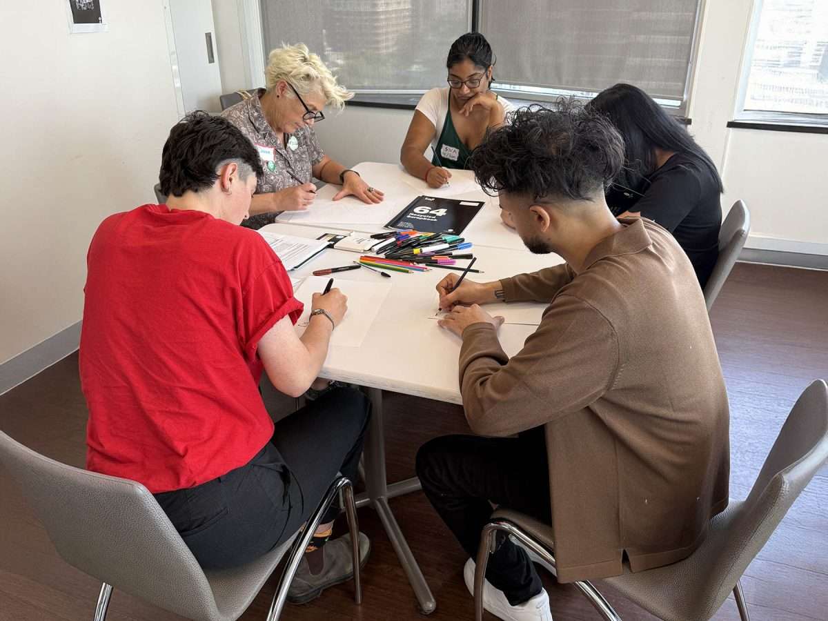Costume Design participants Siva, Yuri, and Ray with workshop leaders Amy Ferguson and Donna Jackson