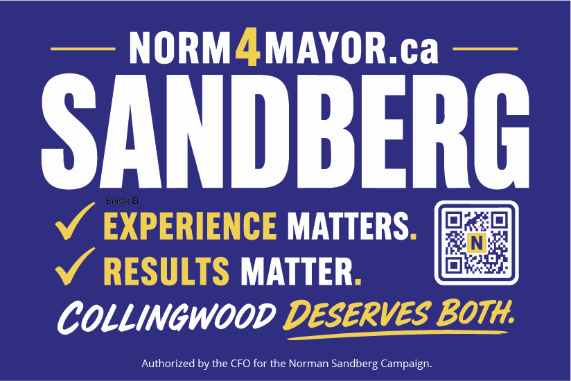 Norm Sandberg for Mayor lawn sign - navy and gold campaign sign for Collingwood, Ontario municipal election 2026