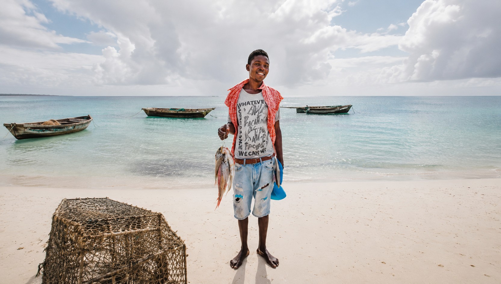 Local fisherman holding his catch on a white-sand beach with wooden boats offshore