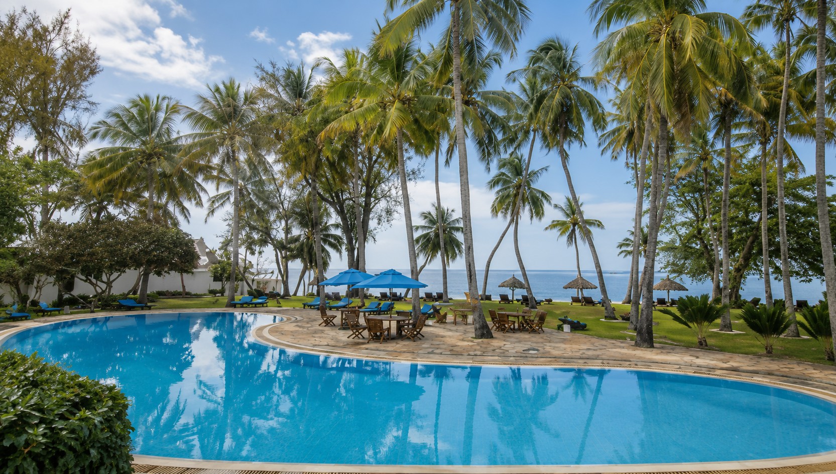 Tropical beachfront resort pool surrounded by palm trees on the Diani coast