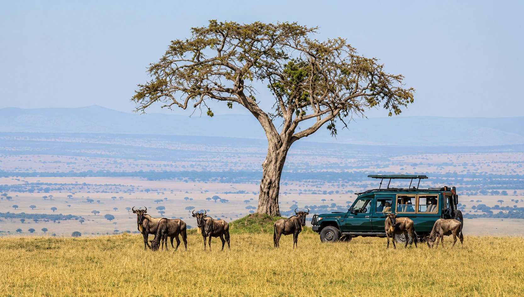 Wildebeest grazing near a safari vehicle and acacia tree on the open savanna