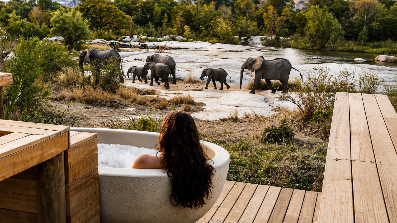 Outdoor bubble bath on a lodge deck overlooking elephants by the river in the Maasai Mara