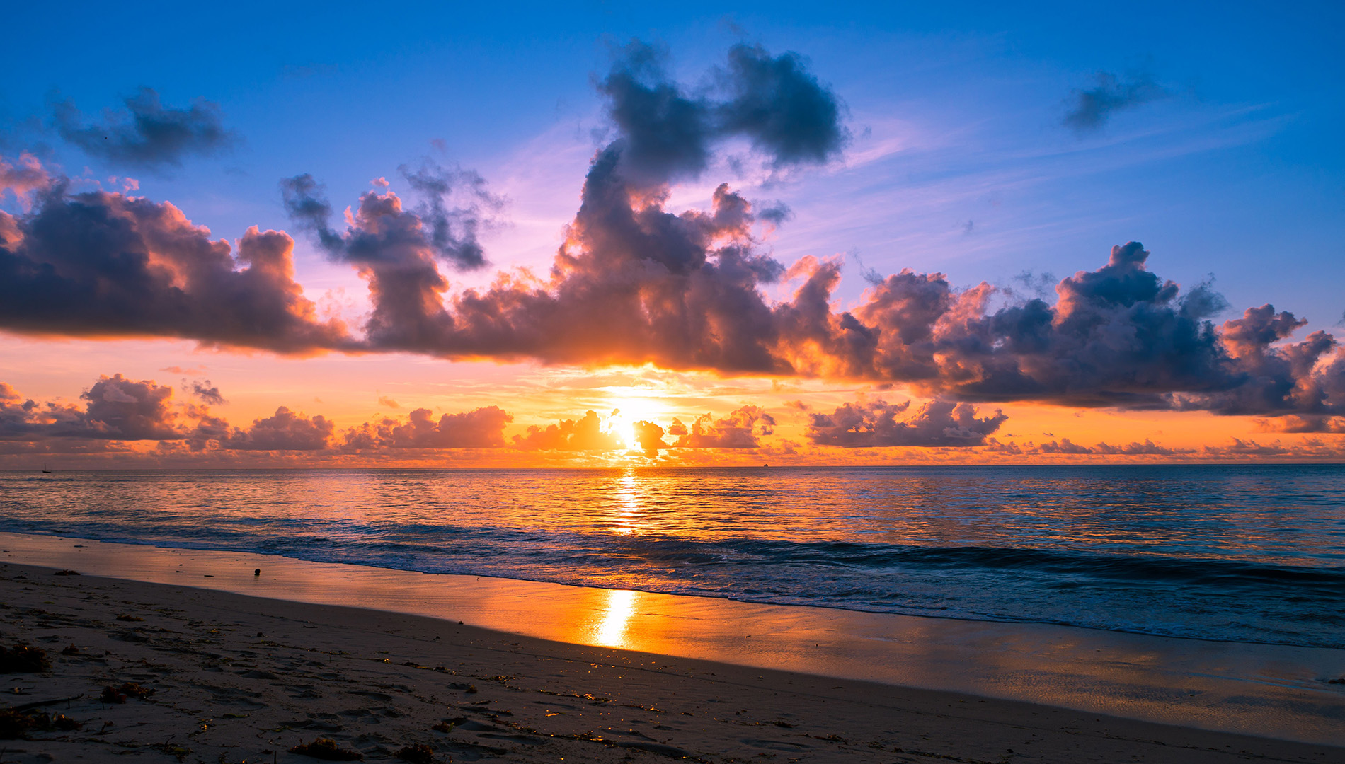 Sunset over the Indian Ocean with golden light reflecting on the sand at a Mombasa beach