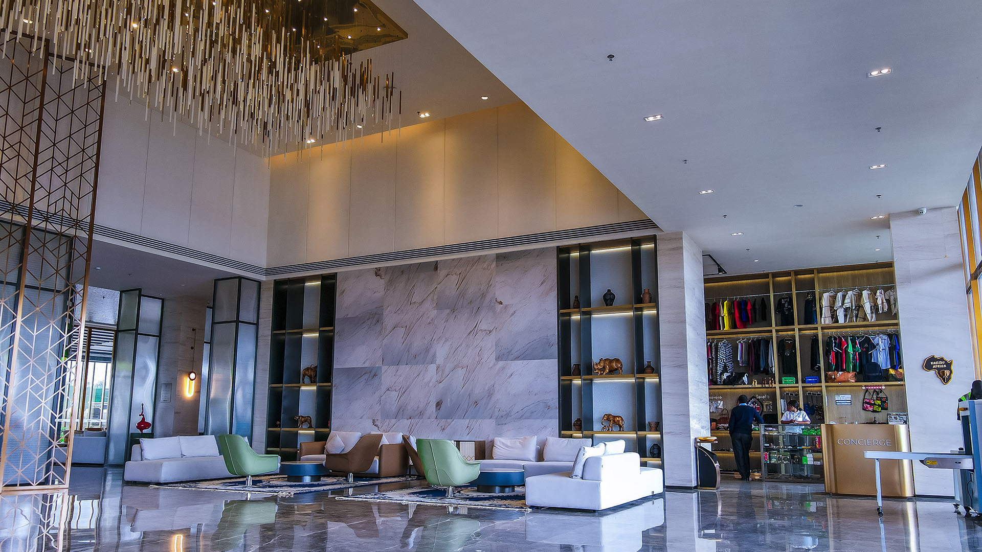 Argyle Grand Hotel lobby with chandelier and lounge seating, Nairobi
