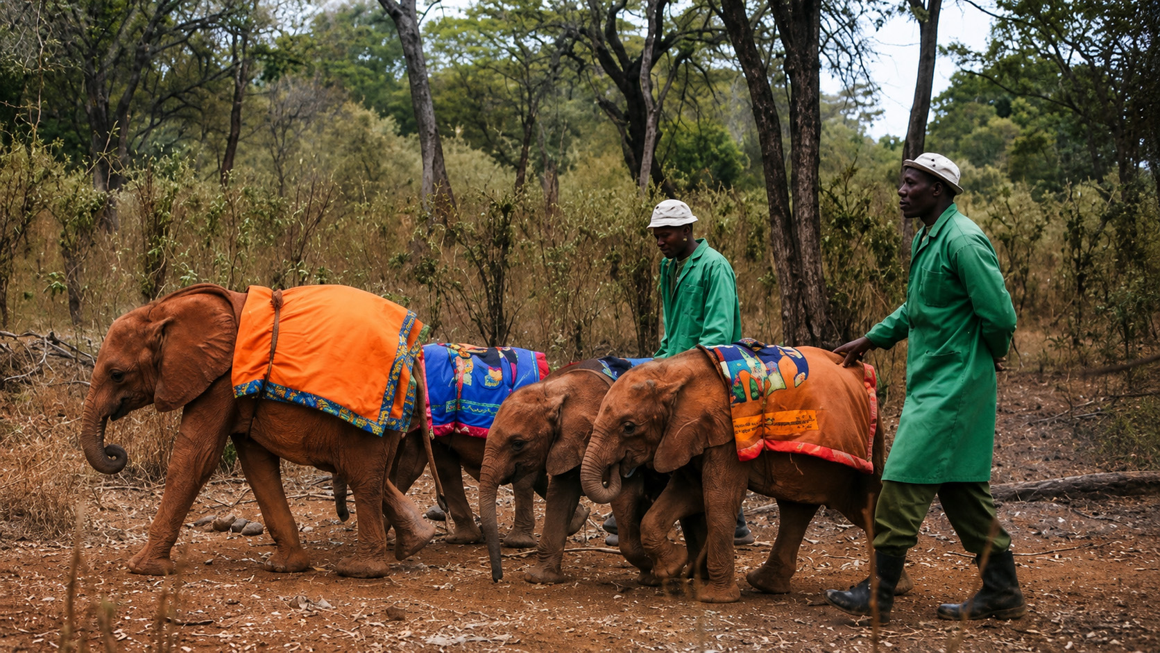 Orphaned baby elephants with keepers at the David Sheldrick Wildlife Trust, Nairobi