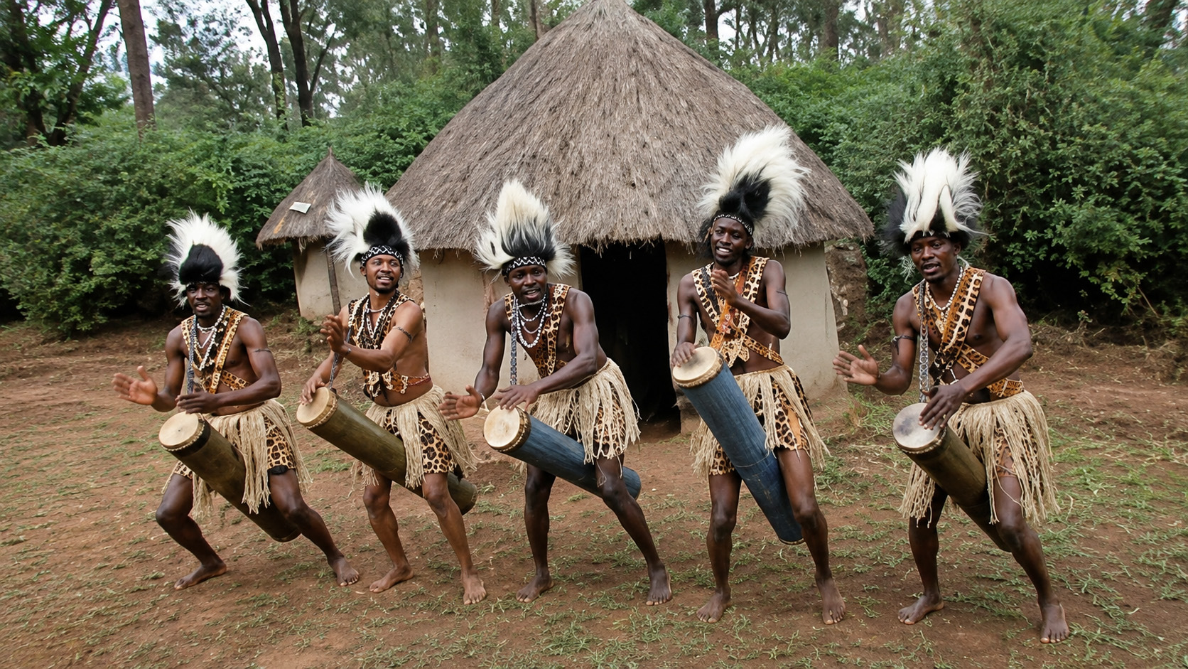 Traditional Kenyan drum performers in ceremonial dress at Bomas of Kenya