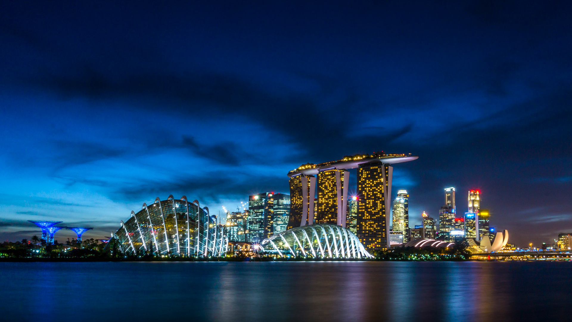 Night view of Gardens by the Bay and Marina Bay Sands reflected in the bay