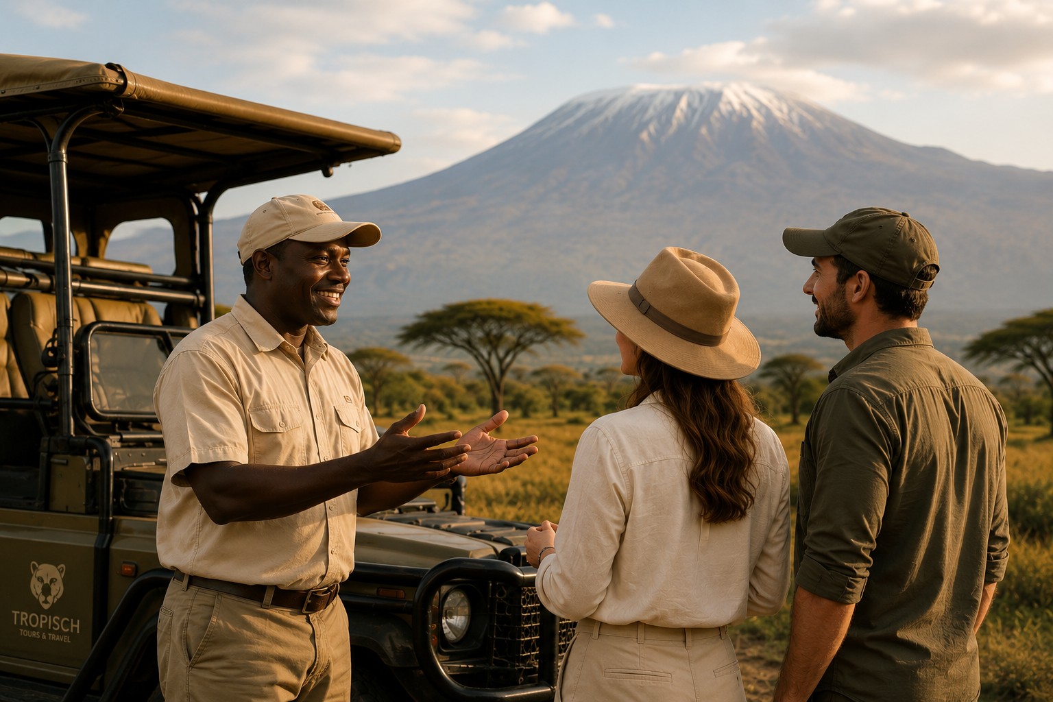 Tropisch Tours safari guide speaking with travellers beside a safari vehicle with Mount Kilimanjaro in the background