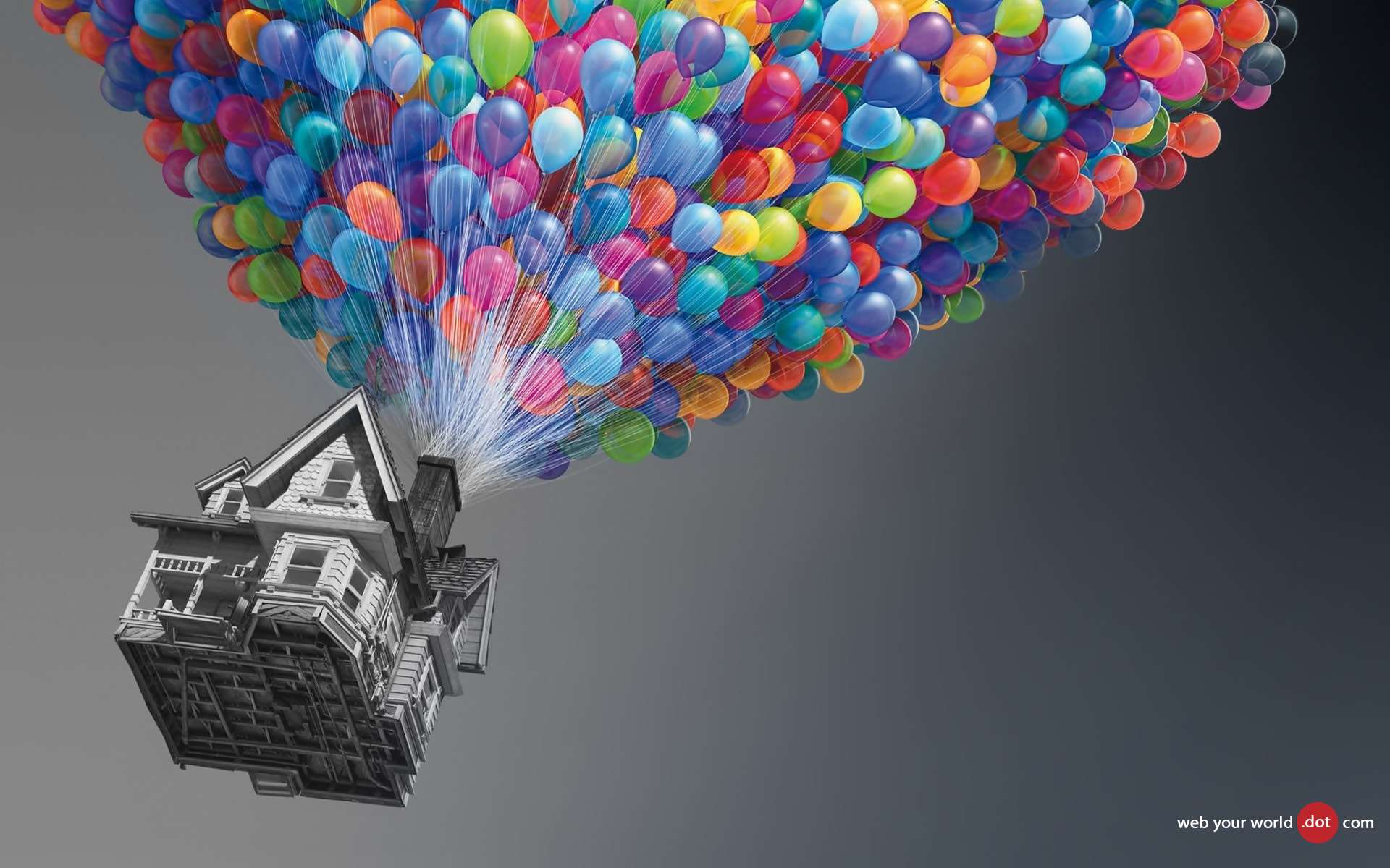 A house carried into the sky by a huge bunch of balloons – the sky's the limit with Web Your World